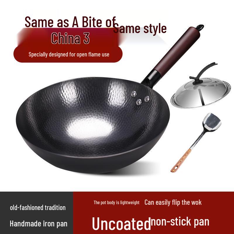 Zhangqiu Hand-Hammered Uncoated Non-Stick Wrought Iron Stir-Fry Wok with Spatula