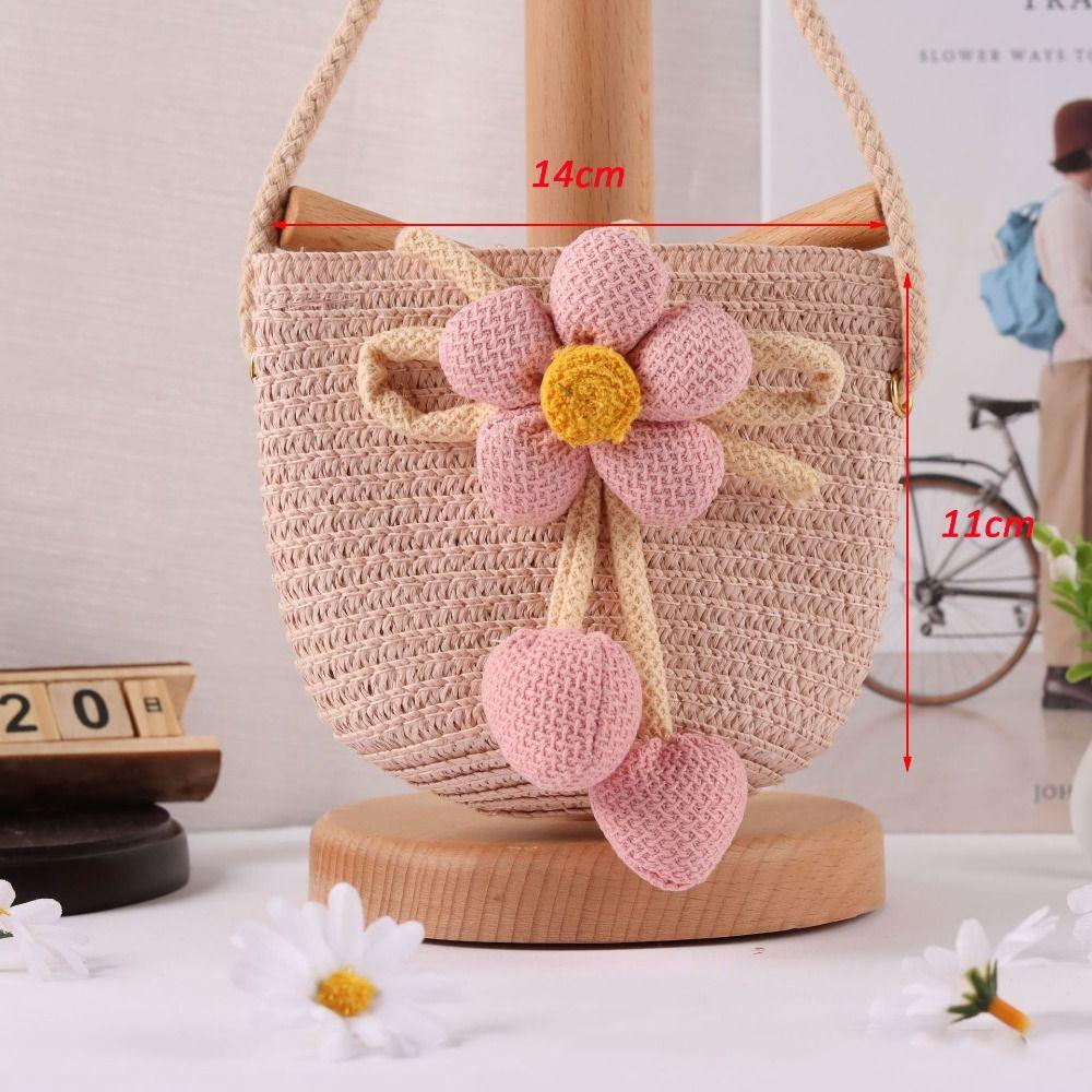 Cute Flower Straw Bag Mini Colorful Summer Beach Shoulder Bag Handmade Zipper Coin Purse