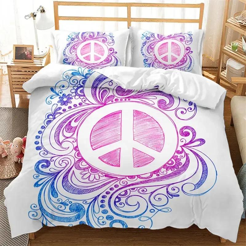 3D Hippie Peace Symbol Colorful Pattern Chic Exotic Flower Comfortable Duvet Cover Pillowcase Bedding Set Children Home Textile