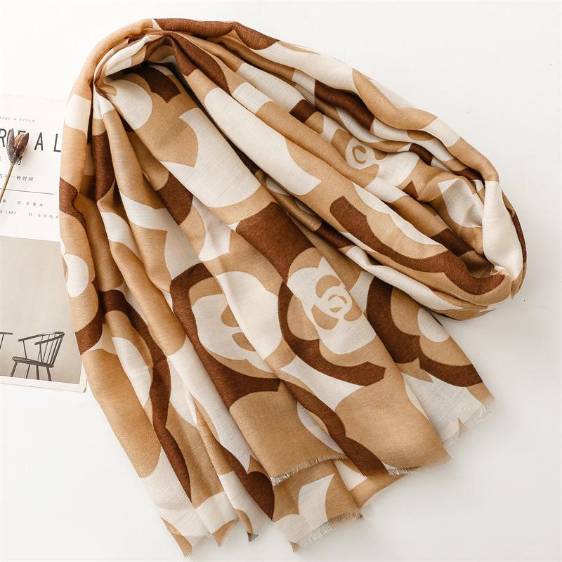 Khaki Camellia Silk and Cotton Scarf: Warm Autumn/Winter Shawl for Women