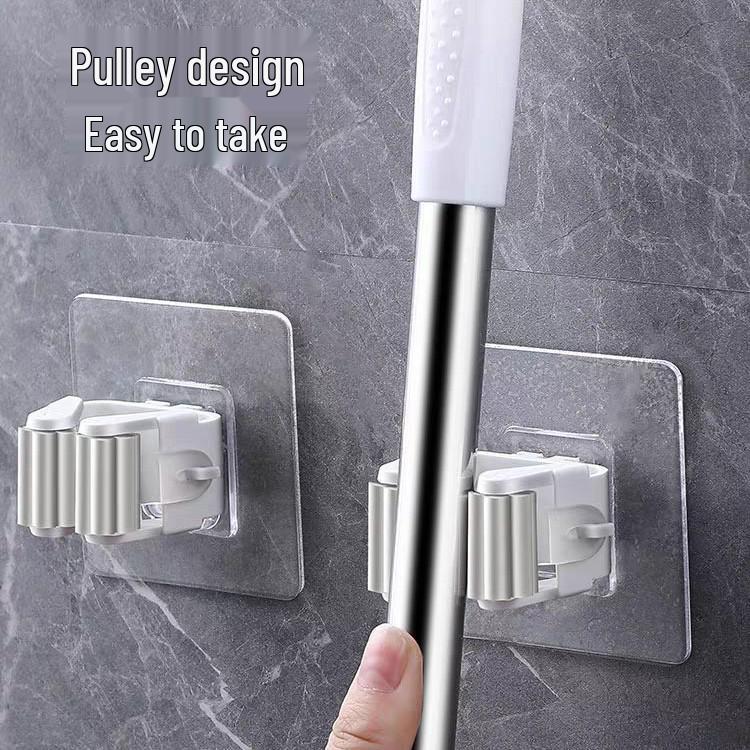 Wall-Mounted Mop and Broom Clip Holder, Traceless, Hole-Free, Multi-Purpose Storage Bracket for Bathroom and Toilet