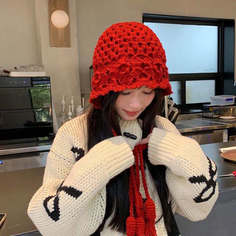 Autumn and Winter Crochet Hat Women's Double-layer Knitted Hat Fringed Pullover Hat Travel Versatile Wool Hat