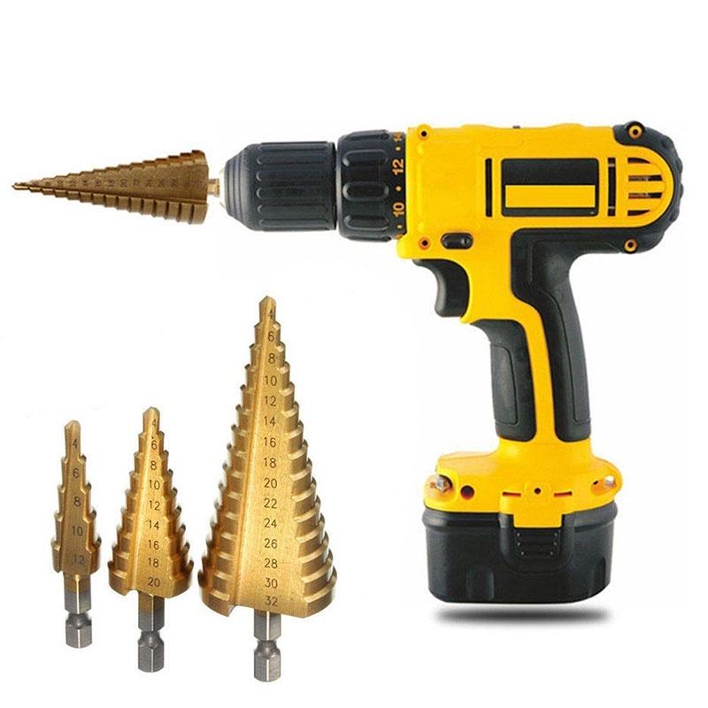 Versatile 3 Pcs 4-12/20/32mm Large Hss Steel Step Cone Drill Titanium Bit Hole Cutter Set For Various Materials