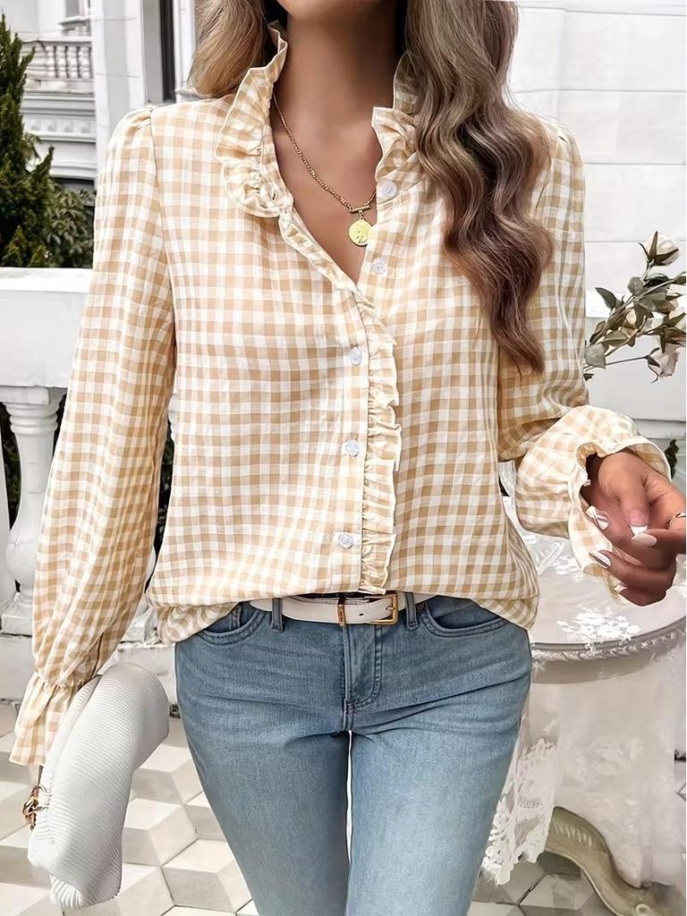 2026 Spring/Summer Women's Elegant Ruffle Plaid Long Sleeve Shirt