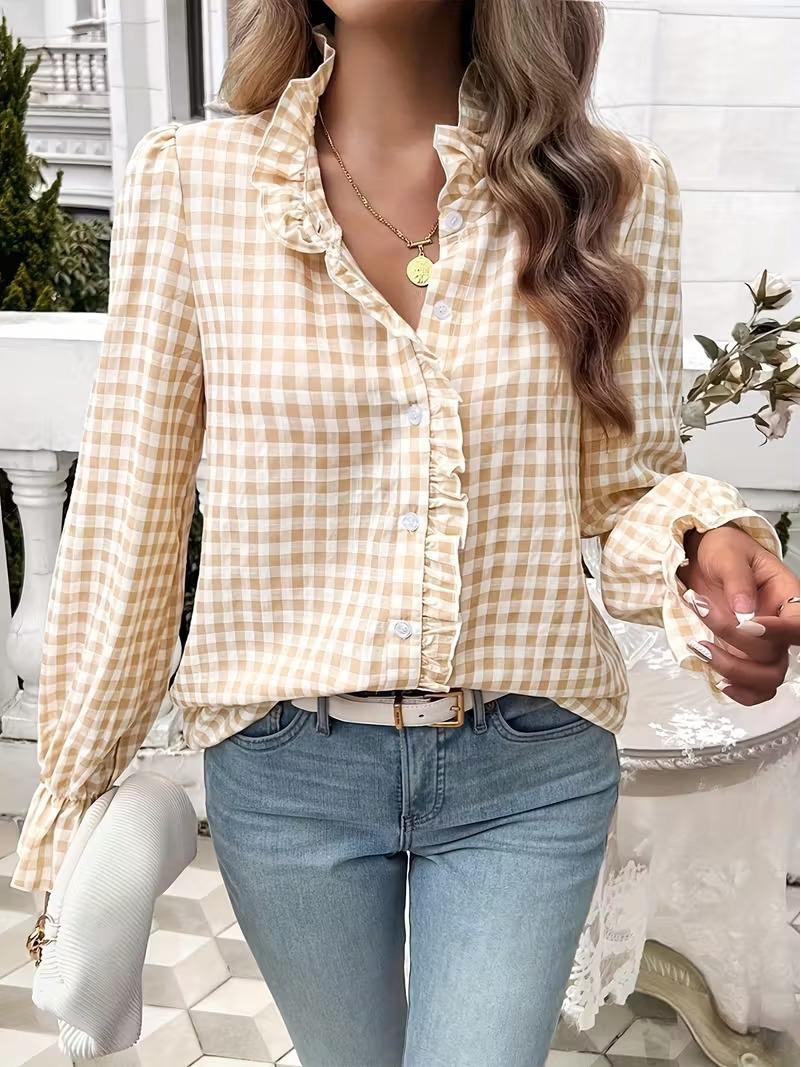 

2026 Spring/Summer Women s Elegant Ruffle Plaid Long Sleeve Shirt XL абрикосовий