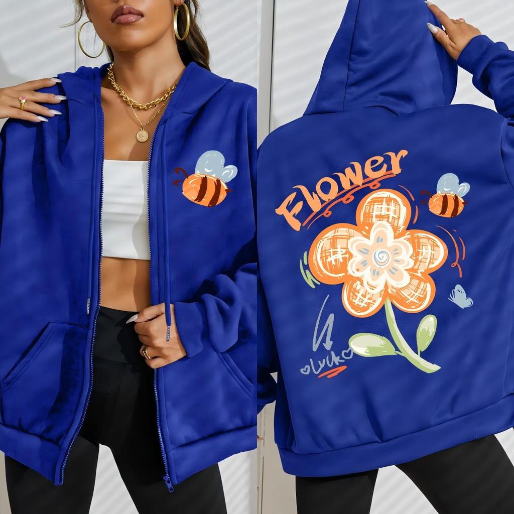 Luck Flower Little Bee Pattern Zipper Hoodies Women Fashion Soft Hoodie Autumn Oversize Sportswears Loose Casual Streetwear
