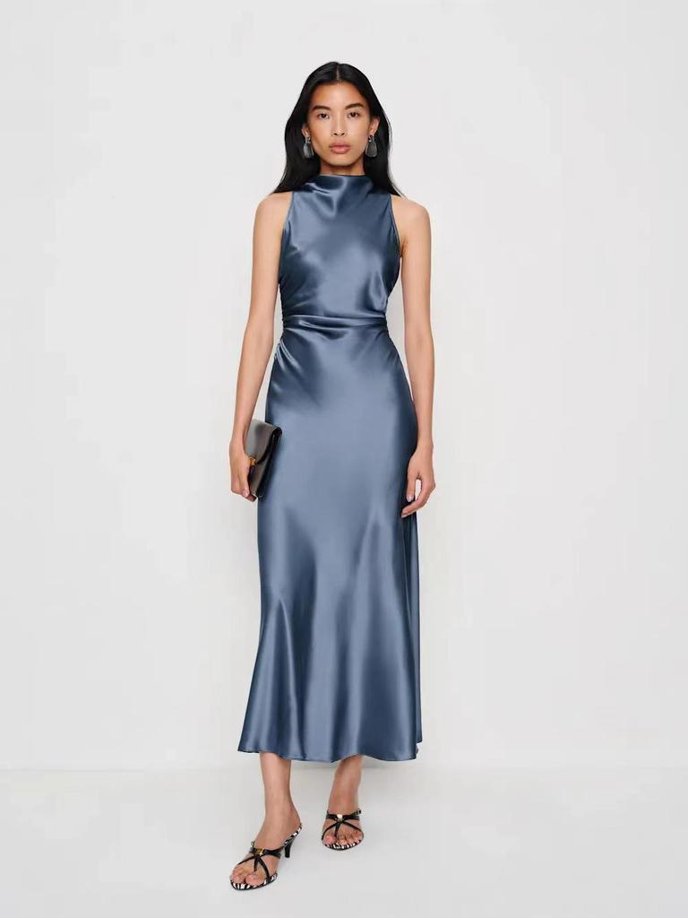 Spring Summer Sexy Halter Long Dress - European & American Style, Slim Fit, Solid Color, Sleeveless for Women