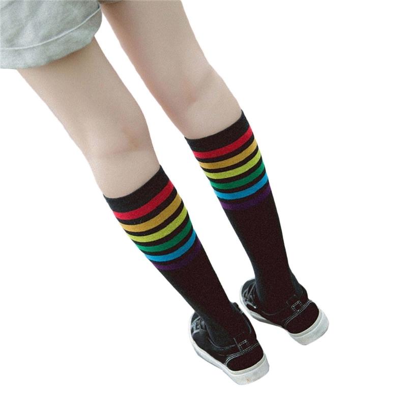 Women School JK Girls Cotton Over Calf Long Socks Japanese Style Rainbow Striped Student Uniform Casual Knee High Socks