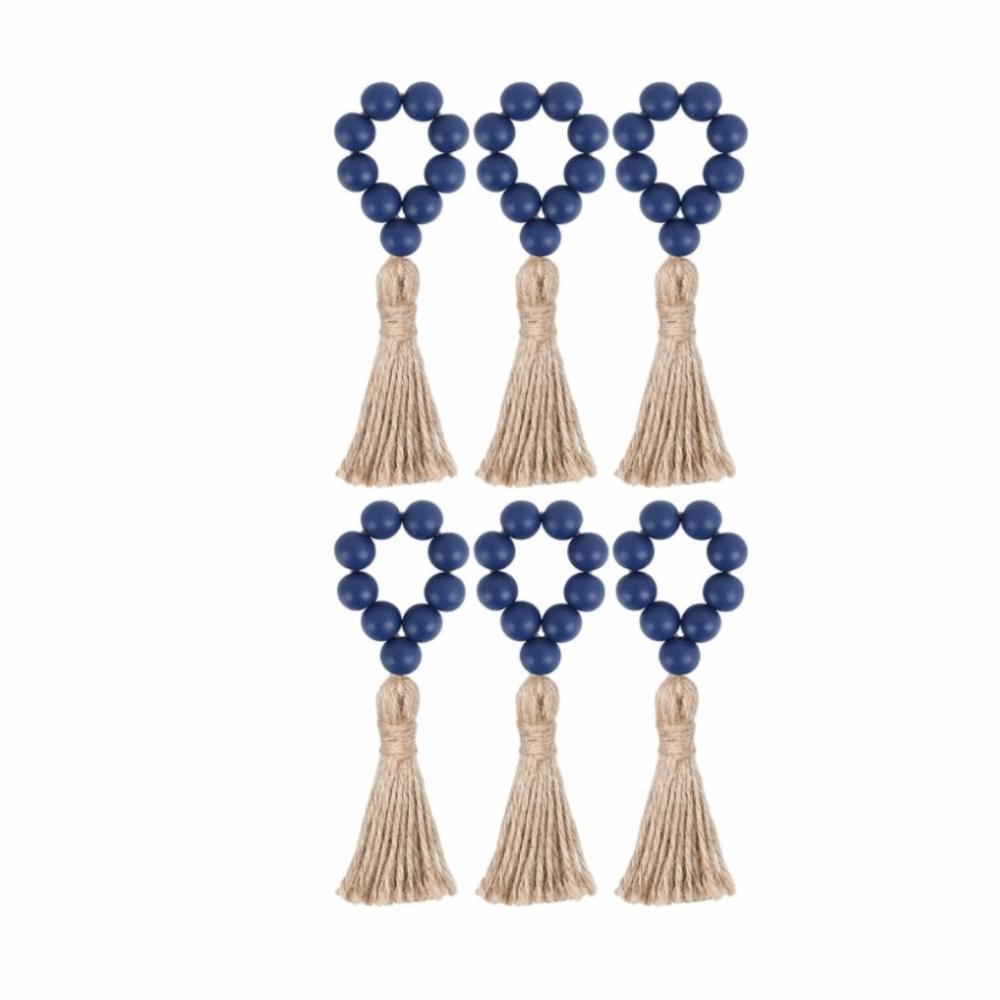 6 Pieces Farmhouse Style Wooden Bead Napkin Rings Adjustable with Tassel Napkin Buckle Handmade Napkin Holder Holiday Banquet