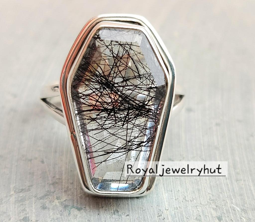 Schwarzer Rutil Sargring, Edelsteinring, 925 Sterlingsilber, Handgefertigter Schmuck, Boho-Ring, Damenring Geschenk für Sie