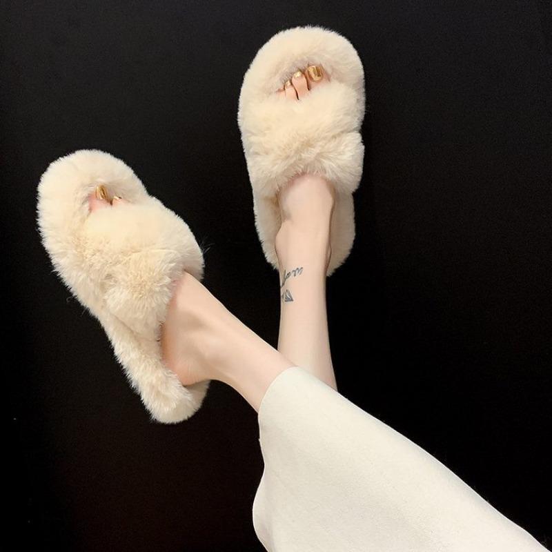 Women's Internet Celebrity Thick-soled Fur Slippers Women's Outerwear 2024 Autumn and Winter Cross Fur Slippers
