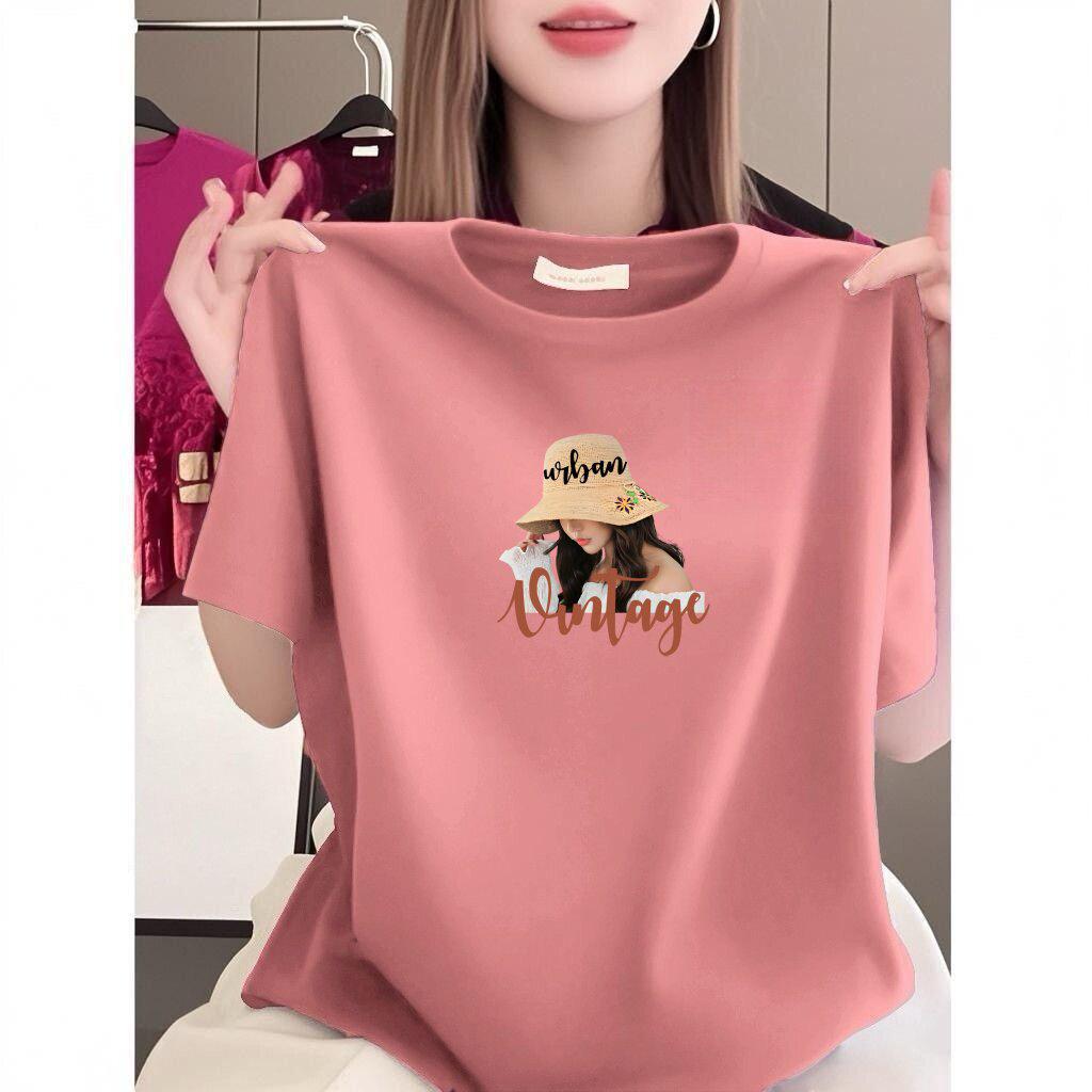 Korean Retro Print Loose Plus Size Women's T-Shirt, Round Neck, Short Sleeve, Slimming Style