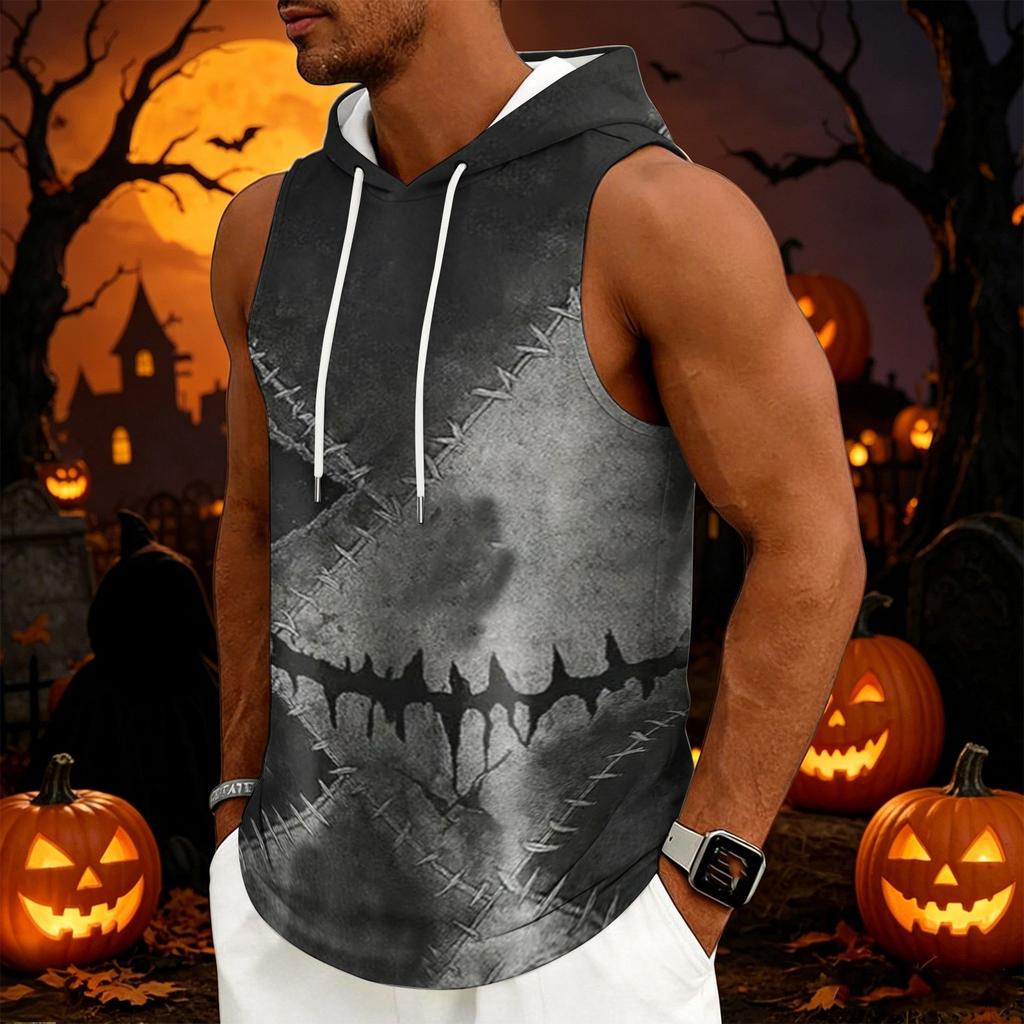 Men's Sleeveless Hoodie Casual Drawstring Hooded Tank Top Halloween Print Streetwear Muscle Fit Summer Vest