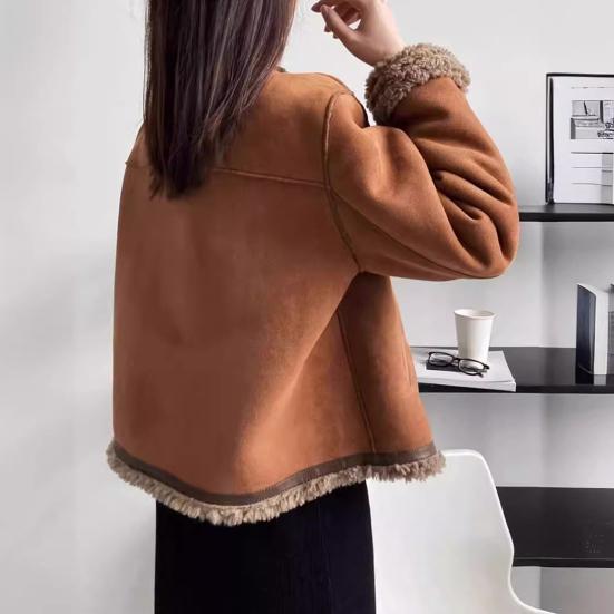 Women Winter Coat Thick Plush Short Type Round Neck Pure Color Single-breasted Loose Keep Warm Daily School Commuting Jacket