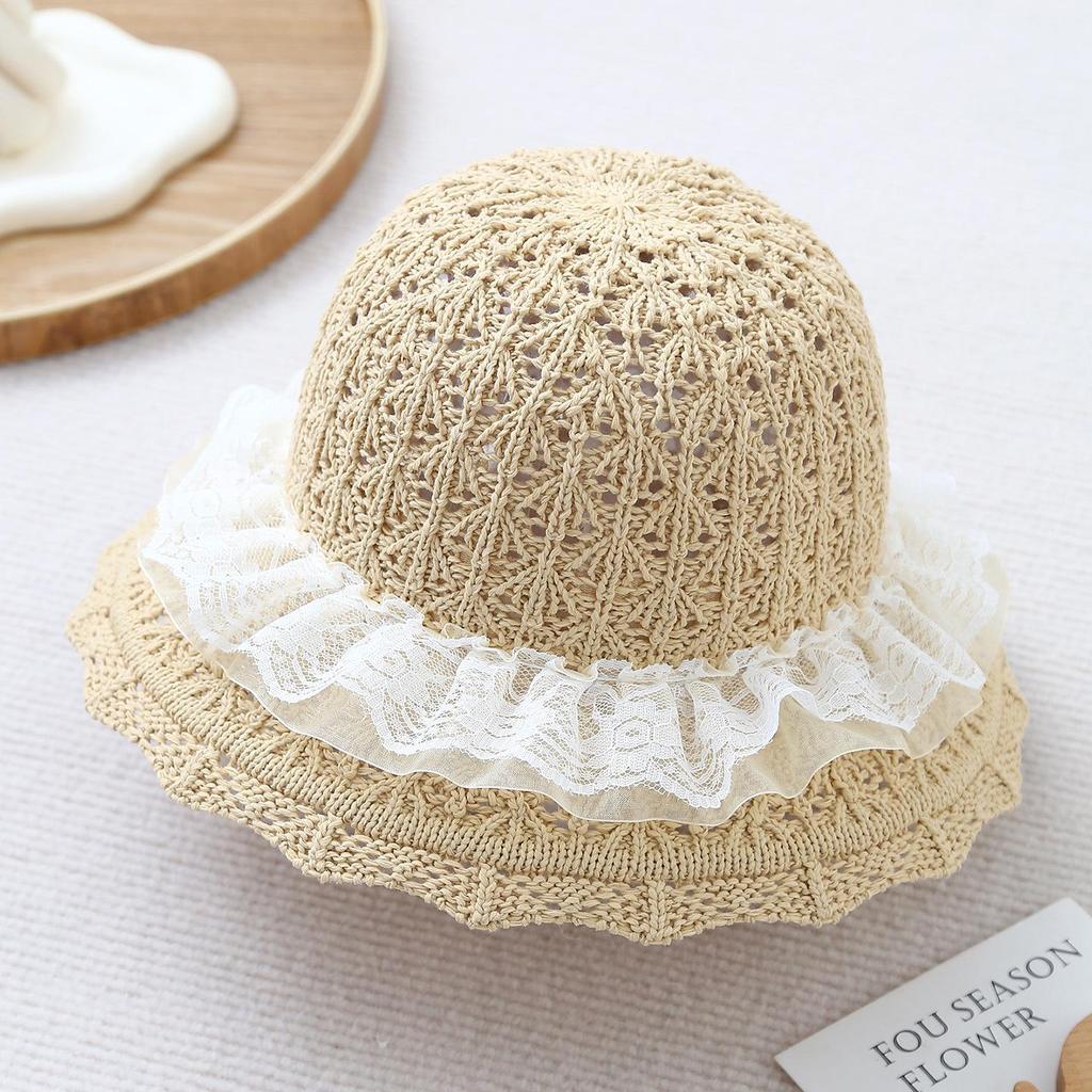 Cappello da Sole da Bambino a Tesa Larga in Paglia - Cappello a Secchiello Traspirante in Stile Coreano per la Spiaggia con Pizzo per Primavera ed Estate.