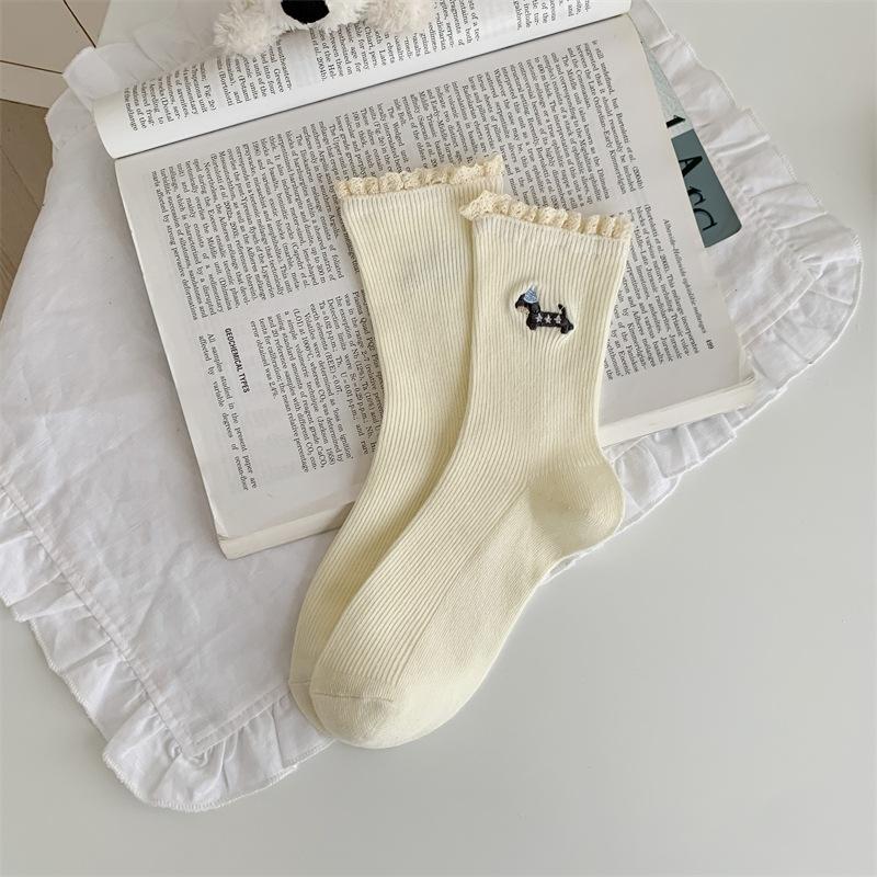 Cartoon Puppy Embroidered Lace Socks for Women's Autumn and Winter Pure Cotton Mid-calf Socks, Trendy Pile Socks