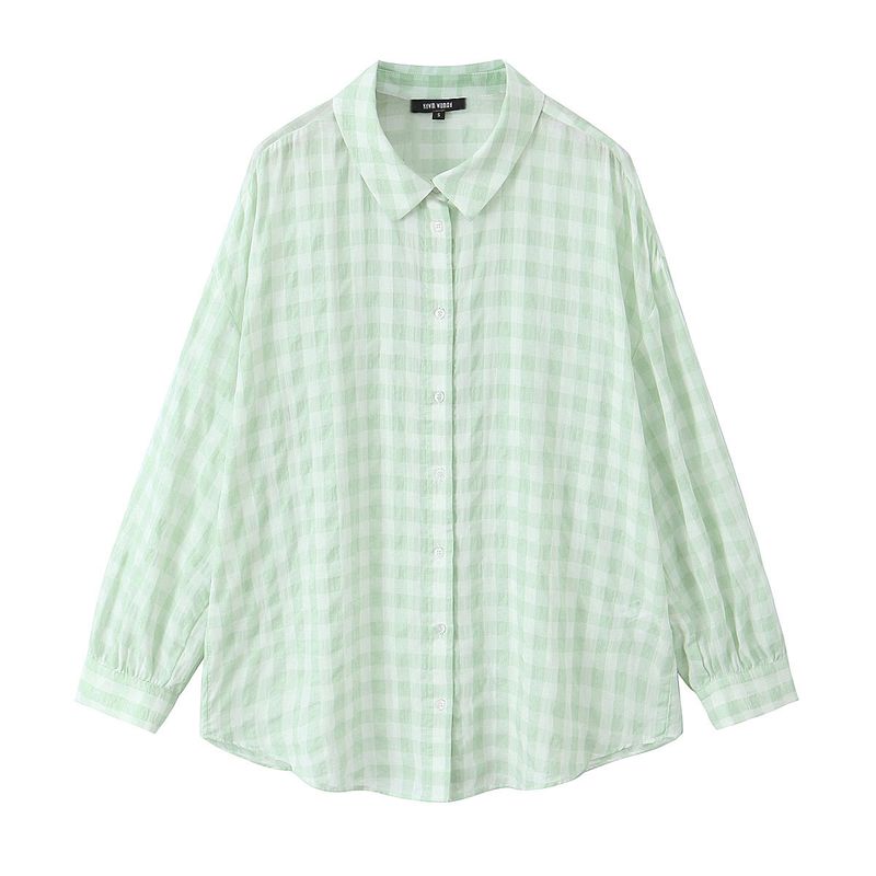 

Kaslead New Arrival Women s Fashion Style Fashion Casual Large Plaid Long Sleeves Shirt 1971060 Light green M