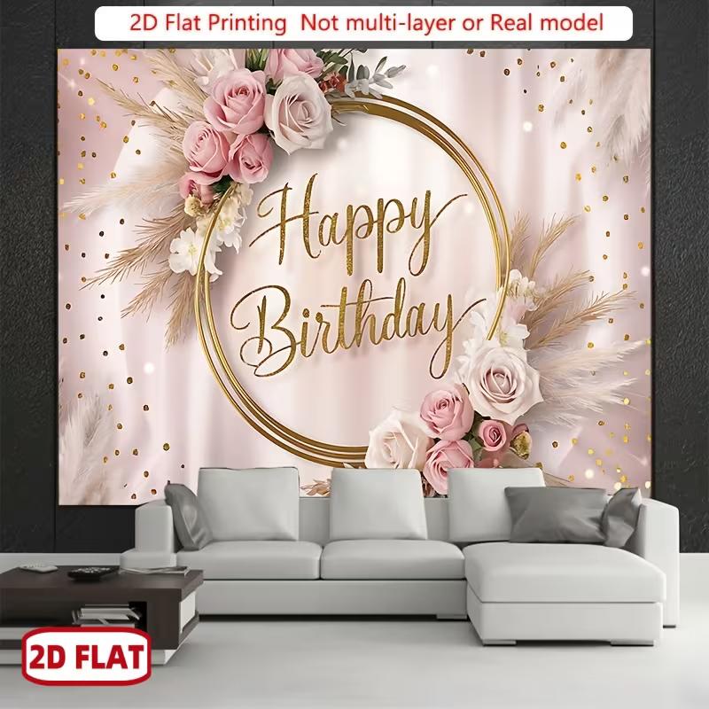 2D Black Rose Gold Birthday Backdrop, Elegant Party Photography Background Cloth