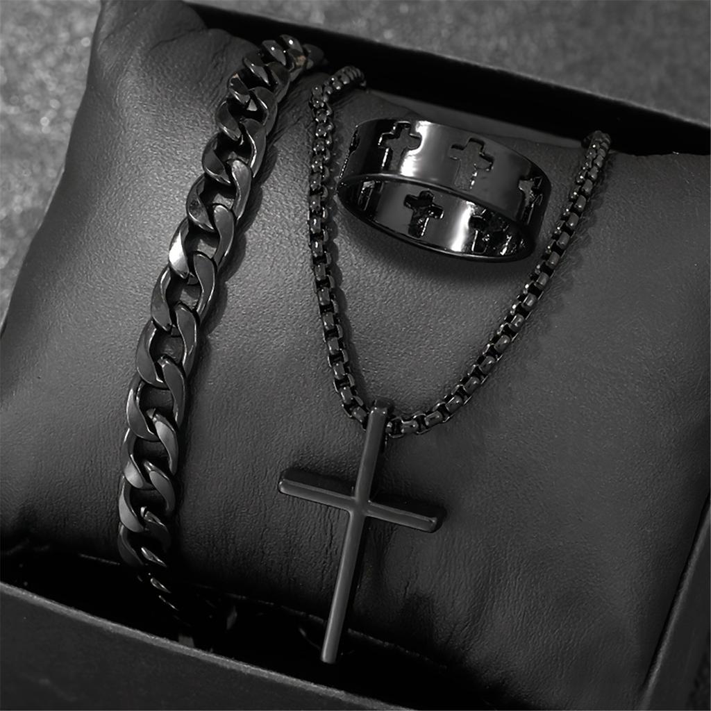 Men Fashion Jewelry Set Featuring Cross Pendant Necklace Bracelet and Rings Gothic Jewelry for Stylish Faith Expression