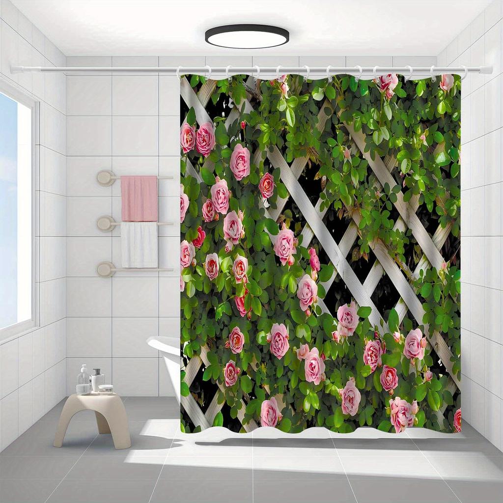 1pc Modern Rose & Greenery Shower Curtain - Elegant Polyester Bathroom Decor with Lattice Design, Machine Washable