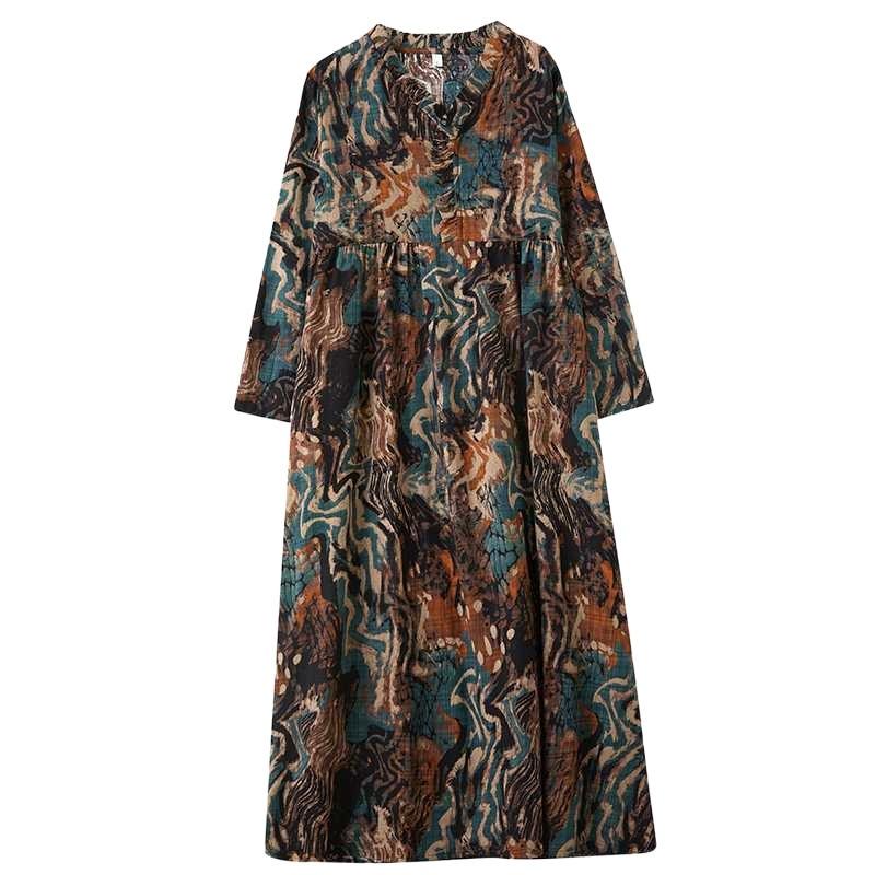 Real Spring and Summer New Retro Cotton and Linen Printing Loose Casual Fungus Lace Collar Long-sleeved Big Swing Dress