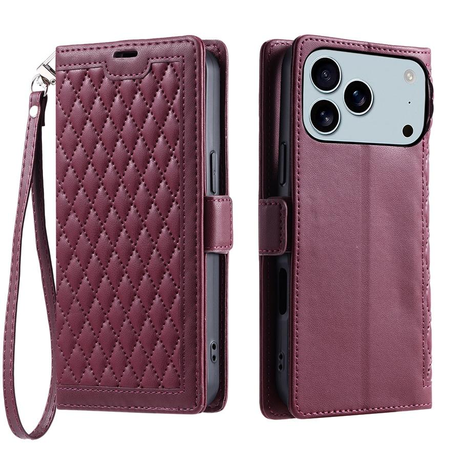 Mote preget rutete PU-lær flip-deksel for Xiaomi/Redmi/OPPO/VIVO/Huawei/Honor Lommebok Kortspor Håndleddsreim Telefondeksel for kvinner