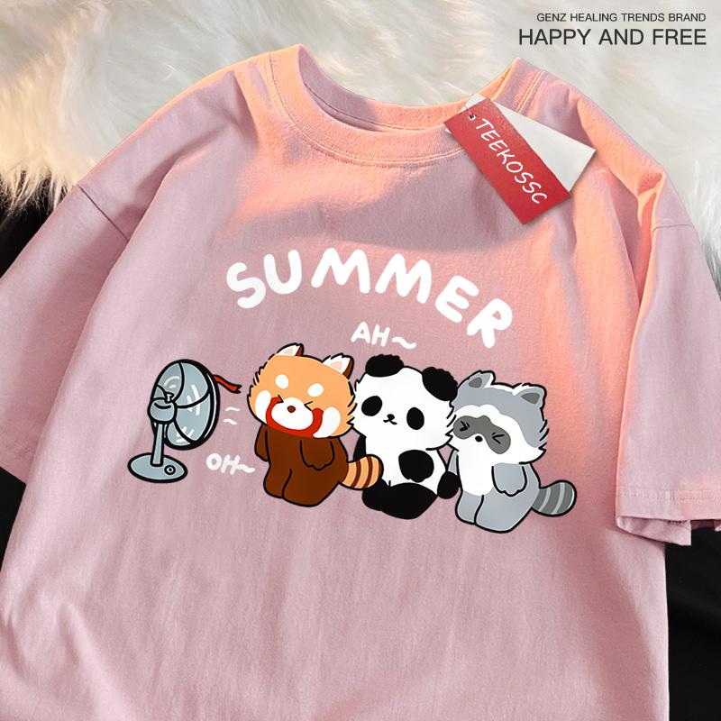 3 Raccoons Blowing Fans Print T-Shirt Street Breathable Tshirt Fashion Loose Tees Cotton Oversized Street Clothes Men Women