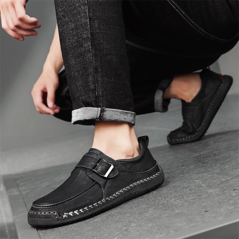 Fashion High Quality Handmade Stitched Business Men Leather Shoes Fashion Comfortable Loafers Flat Bottomed Outdoor Walking Sports Shoes