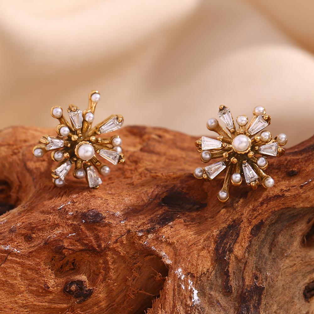 MamacitaSlay Stainless Steel Zircon Pearl Sunflower Stud Earrings New Design Party Waterproof Jewelry Trendy Minimalist Gift