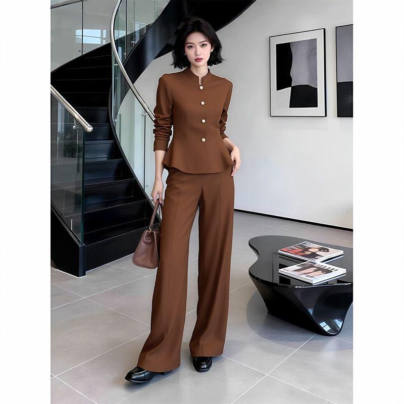 Spring and Autumn Plus-Size Women's Fashion Stand-Collar Jacket Set, Stylish Black Blazer with Wide-Leg Pants, Casual Two-Piece Set