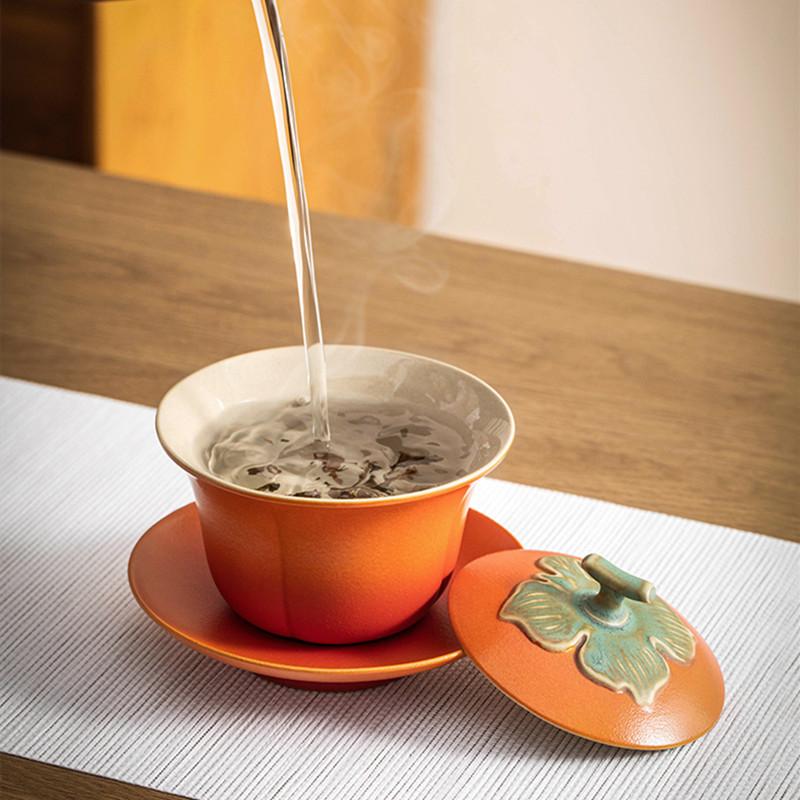 Chinese Retro Ceramic Gaiwan Handmade Persimmon Shape Tea Tureen Teacup Travel Portable Tea Bowl Household Tea Set Teaware 110ml