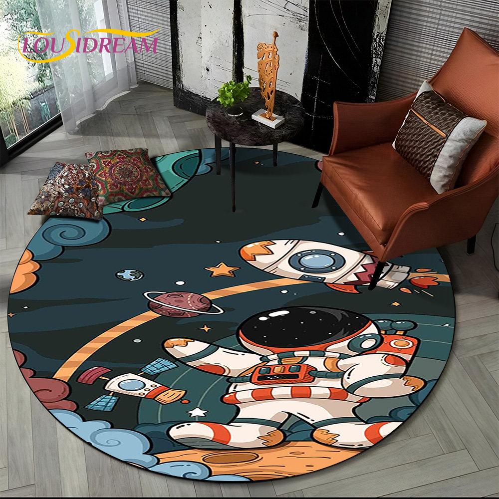 3D Astronaut Space Cartoon Round Area Rug,Carpet Rug for Living Room Children's Bedroom Sofa Playroom Decor,Non-slip Floor Mat