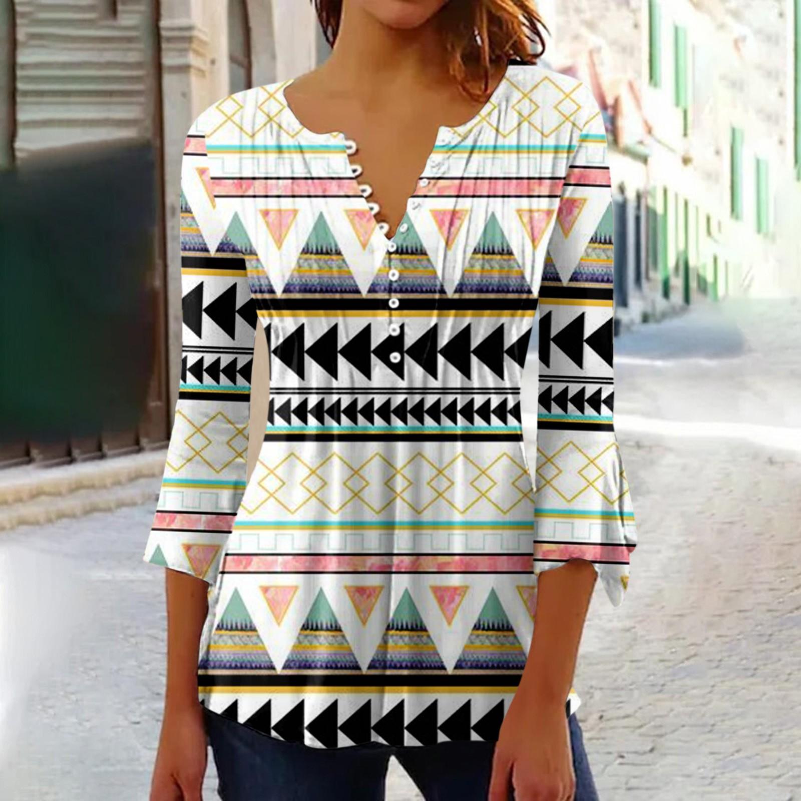 

Рубашки с рукавами 3/4 лепестка для женщин, футболки, блузки, повседневные базовые топы, пуловер со складками и пуговицами в этническом стиле с принтом