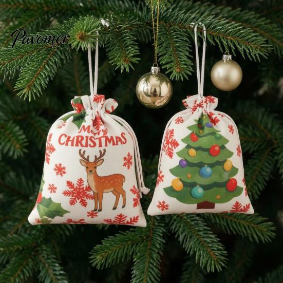 Holiday Theme Candy Carriers 2Pcs Christmas Drawstring Gift Bags, Xmas Tree Reindeer Printed Treat Festival Packaging Pouches, Reusable Fabric