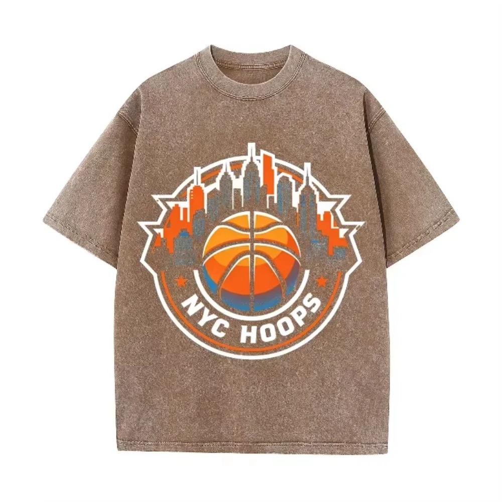 Vintage Washed Green Tshirt NYC Hoops New York Basketball Skyline Print Loose Short Sleeve Sports Casual