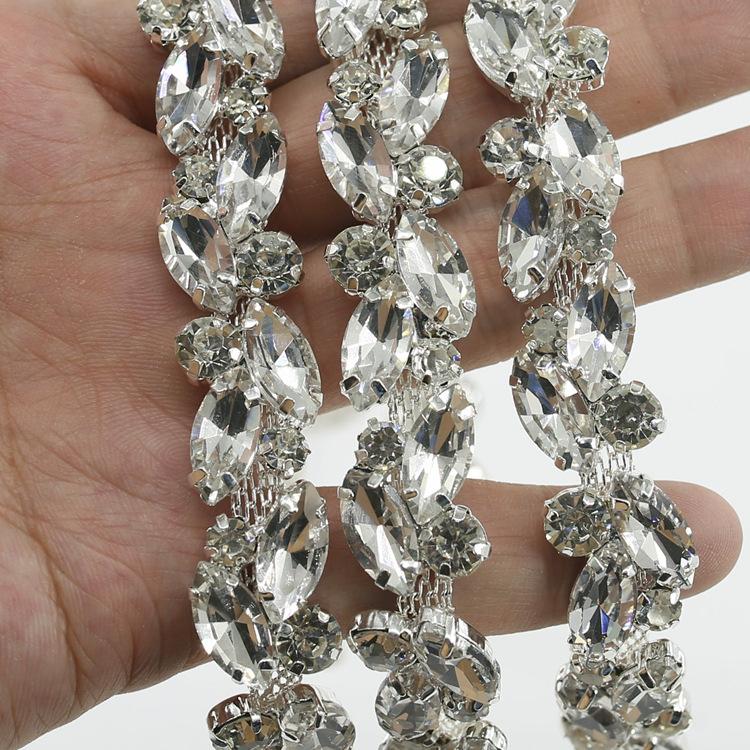 Wonderful Design Rhinestone Flower Chain Trim Sew on Horse Eye Crystal Glass Ribbon Applique Trim Sew on Clothes Bag Accessories