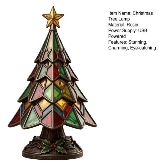 Exquisite Resin Craft Ornaments Christmas Tree Table Lamp, Stained Glass Effect LED Night Light, Colorful Desktop Holiday Decorations Bedside