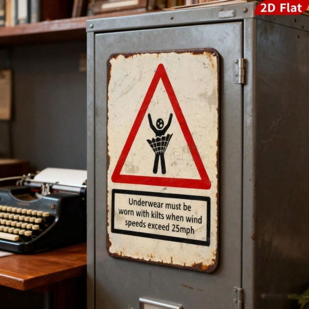 Funny Underwear Kilt Sign Windy Weather Humor Vintage Metal Wall Art for Pub Bar Man Cave