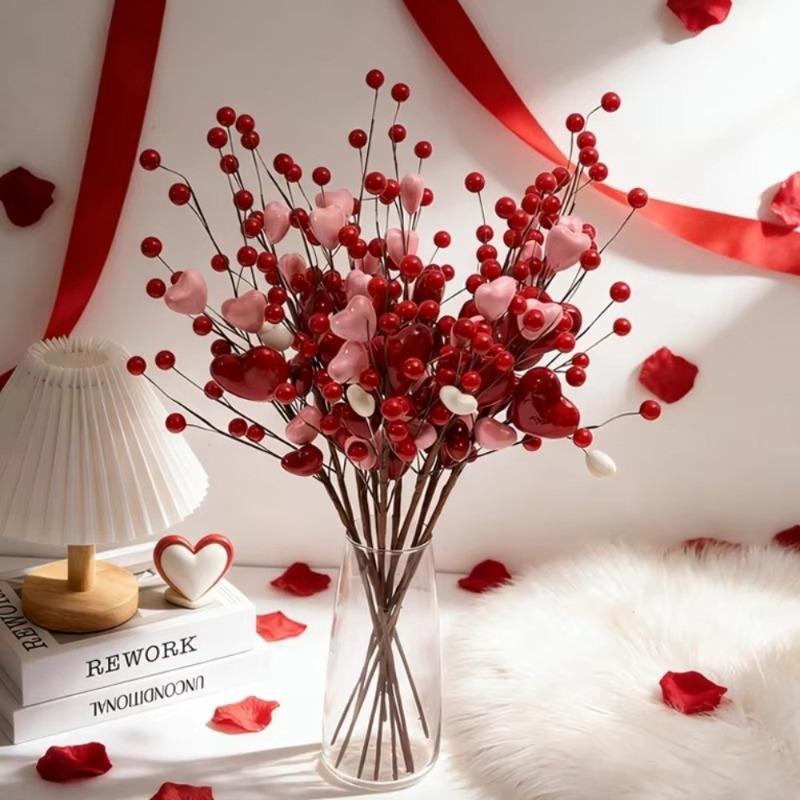 Heart-Shaped Artificial Heart Flowers DIY Vase Festive Atmosphere Berry Flower Stem Simulation Love Bouquet