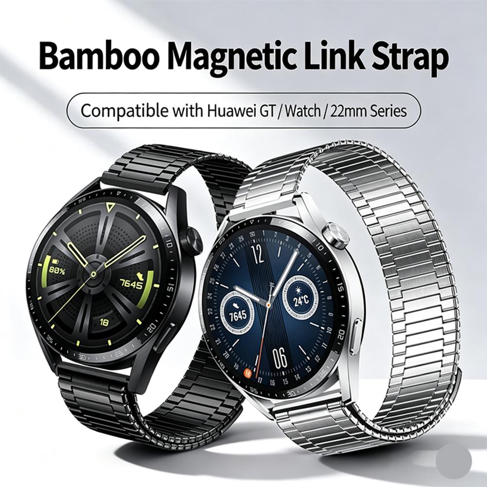 22mm Universal Magnetic Metal Watch Band Bamboo Link Stainless Steel Strap Replacement Wristband For Huawei GT6 GT5 Watch 6 Pro 5 Pro Samsung Garmin