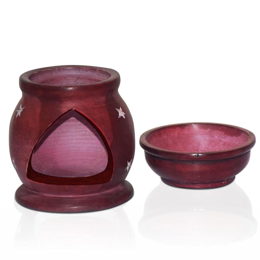 India Handcrafted Soapstone Aroma Burner Oil Diffuser and 1 Tea Light Candle (Red)