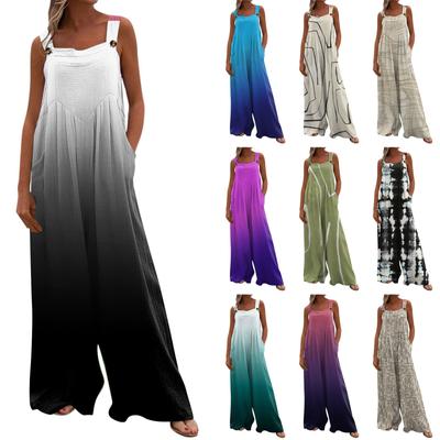 Women's Printed Button Up Jumpsuit Casual Loose Sleeveless Rompers With Pockets