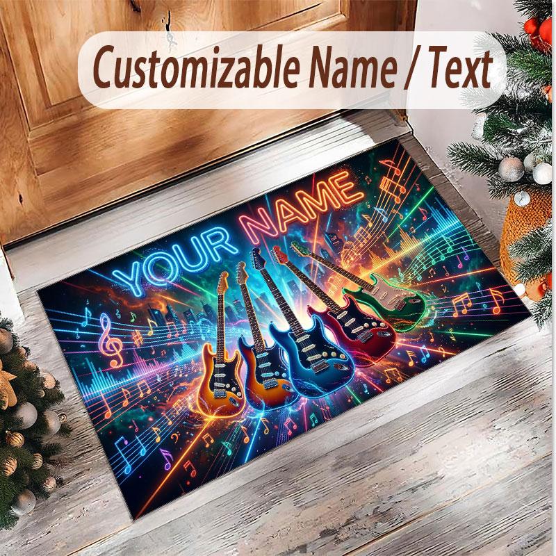 Music Guitar Theme Soft Crystal Velvet Rug Custom Name & Text Print Non Slip Floor Rug for Bedroom Living Room