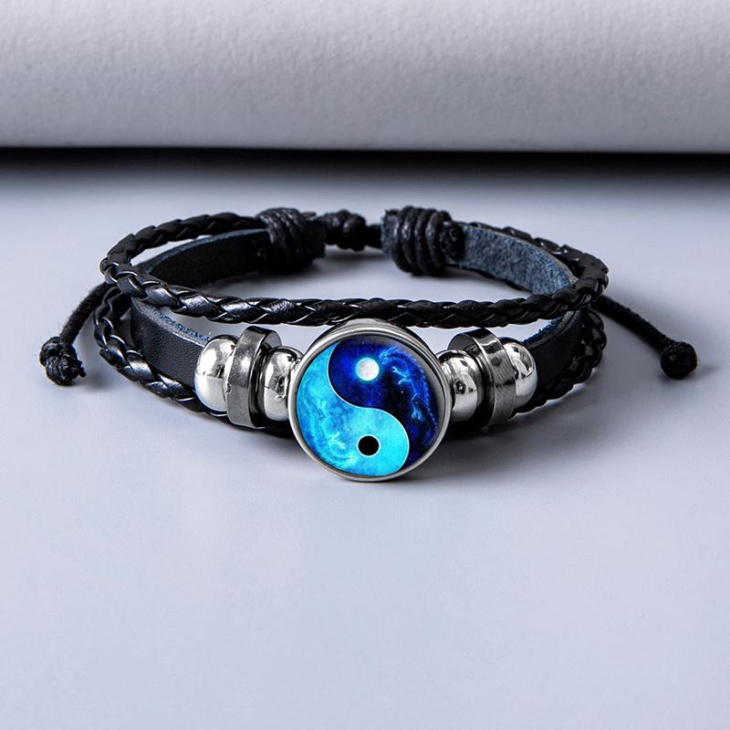 

Винтажный кожаный браслет с подвеской Солнце Луна Инь Ян, регулируемый браслет чёрный