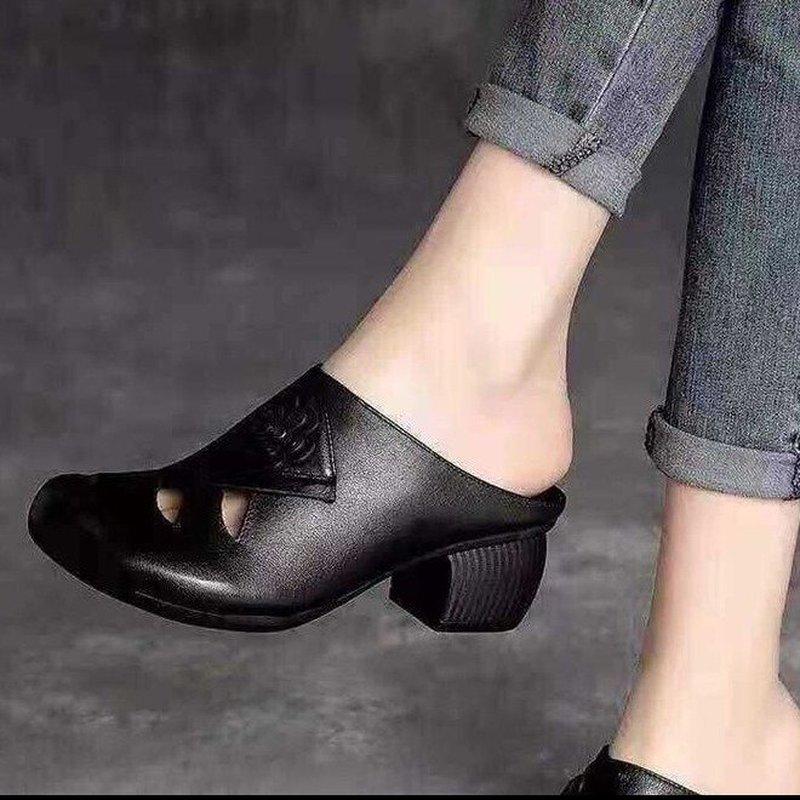 2024 New Fashion Trend Female Fish Mouth Sandals Slippers Thick Heel Flower Middle Heel Square Heel Baotou Ladies Slippers