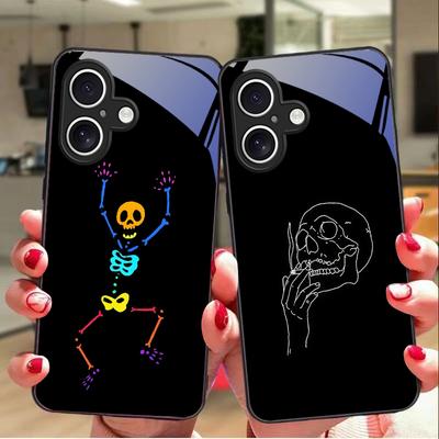 Dancing Skeleton For Apple IPhone 16E 16 E 11 13 15 P Ro 14 Pro Max 12 Mini 7 8 Plus XR X XS Black Tempered Glass Phone Case