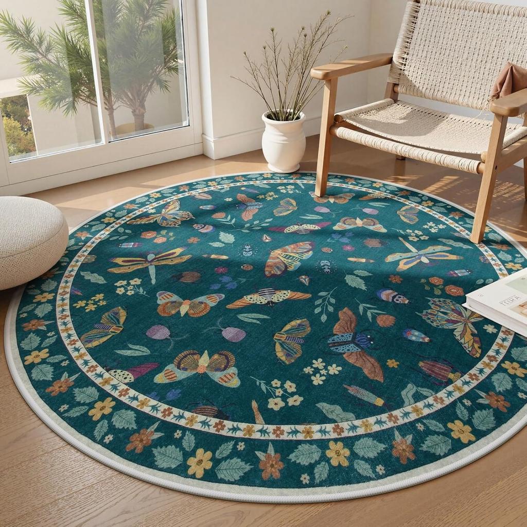 Round Living Room Carpet Green Insect Floral Carpets Home Decoration Rug for Bedroom Bedside Floor Mat Christmas Gifts 