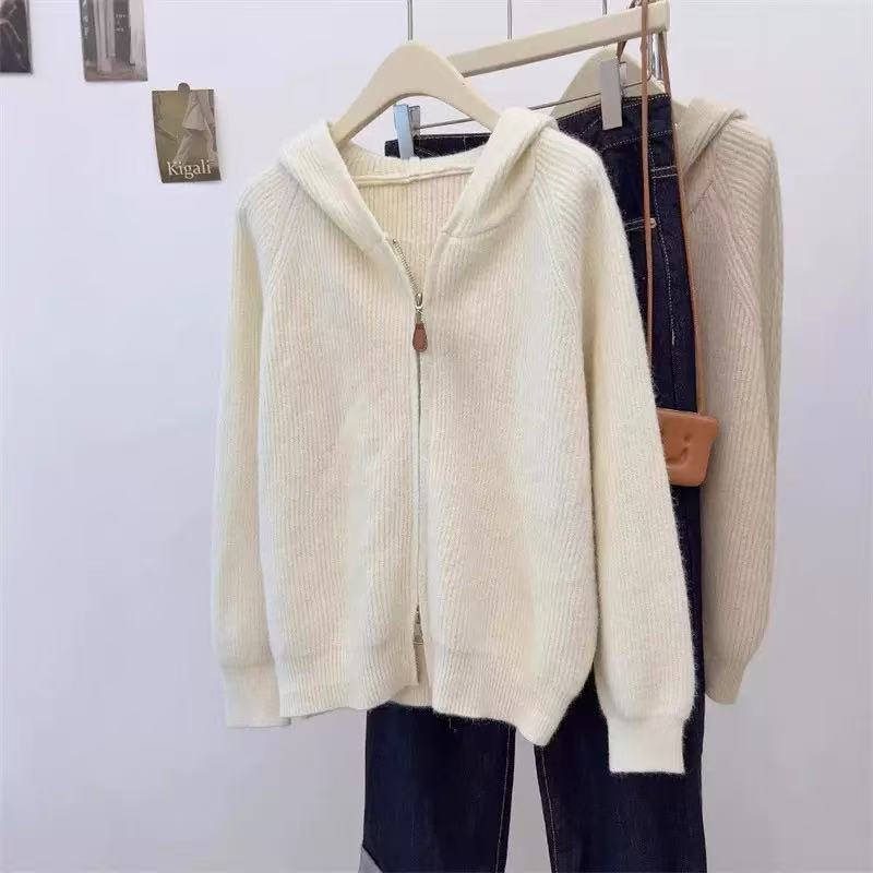 

Новый простой повседневный кардиган с капюшоном и длинными рукавами, вязаный, на двойной молнии, женская универсальная куртка One size бежевый