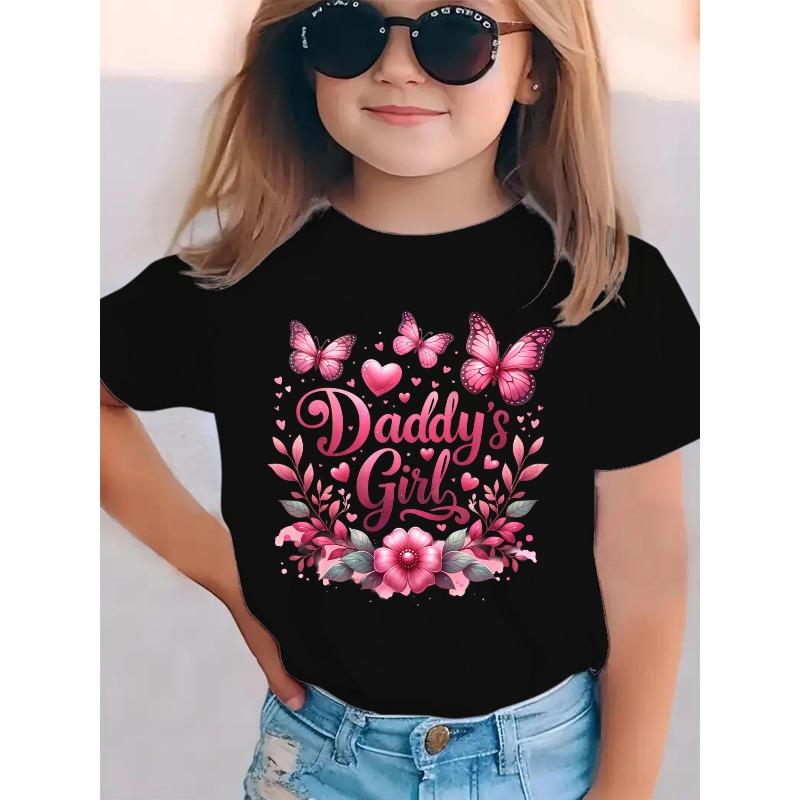 European sizes Summer Fashion Short-Sleeve T-Shirt for Girls with a DADDY'S GIRL Print Featuring Hearts, Butterflies, And Flowers