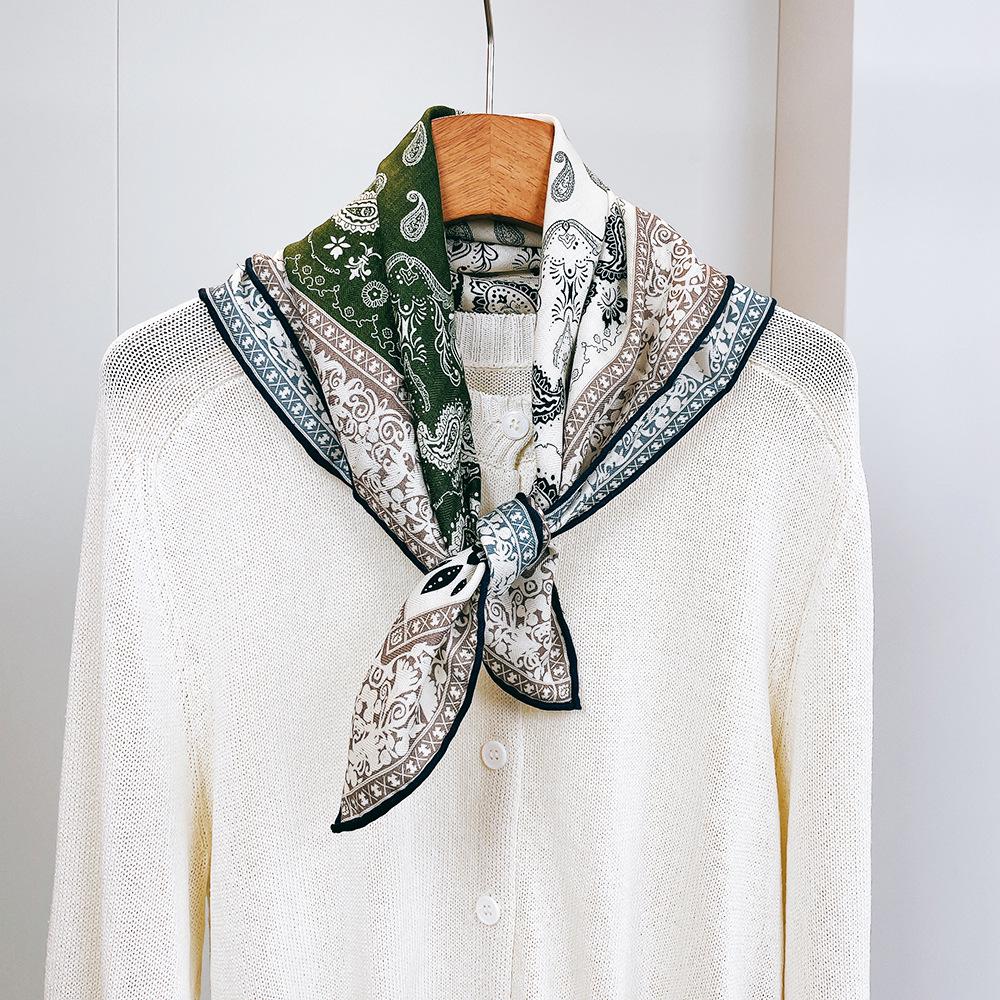 Women's Green French Paisley Silk-Wool Scarf, 70 cm Square, Double-Sided Print, High Quality